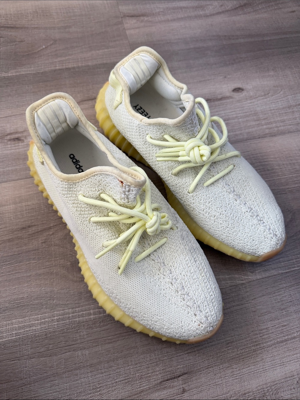 Adidas x Yeezy Cream Knit Sneakers with Pale Yellow Laces and Yellow Sole
